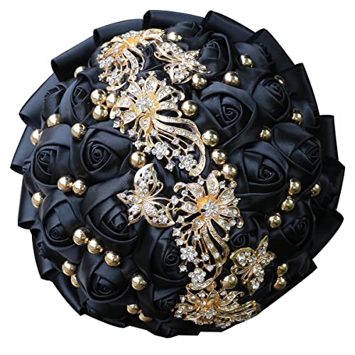 WIFELAI-A Gold Rhinestone Brooch Wedding Flowers Bridal Bouquets Crystal Bride Holding Bouquet White Ivory Satin Roses with Diamond - color: Black
