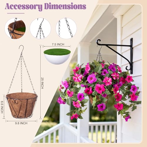 Artificial Petunia Flowers with Hanging Basket for Outdoors, 3 Pcs Fake Hanging Flowers UV Resistant Faux Silk Plants for Garden Porch Yard Patio Realistic Home Spring Decor(Purple Fuchsia) - color: F-fuchsia Basket