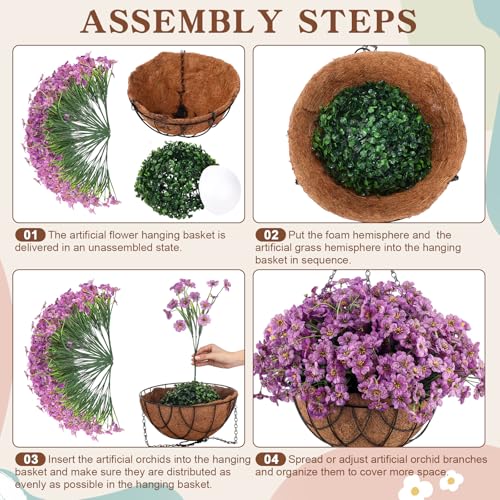 Beeveer 2 Pack Artificial Hanging Flower Basket for Outdoor Decoration Faux Orchid Hanging Plants with Coconut Lining Basket Fake Arrangement for Porch Courtyard Decor - color: Purple
