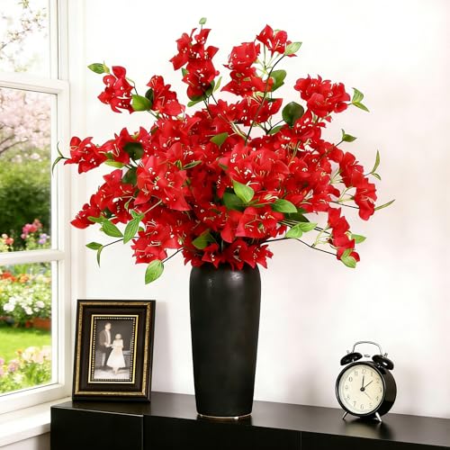 HCTCPALS Artificial Flowers for Outdoors 10 Pcs Bougainvillea Plant Realistic Silk Fake Flowers for UV Resistant Faux Plants Outdoor Indoor Outside Front Porch Hanging Planter Decoration-30” Red - color: Bougainvillea Red