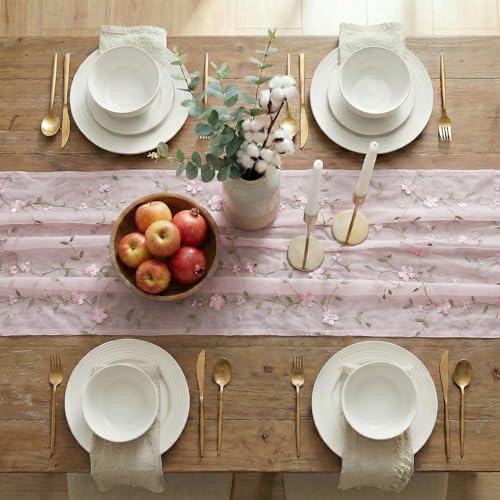 Artoid Mode 3D Flower Pink Gauze Embroidery Table Runner 120 Inch 10FT, Tulle Seasonal Spring Kitchen Dining Holiday Table Decor for Home Party - color: Pink