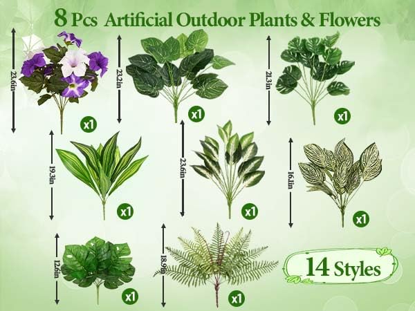 Livole Artificial Plants Outdoor, Artificial Greenery Fake Plants | Large 8pcs, UV Resistant, Realistic, Large Bunches Faux Plants for Porch Patio Garden Spring Summer Home Decor - size: 8 Pcs