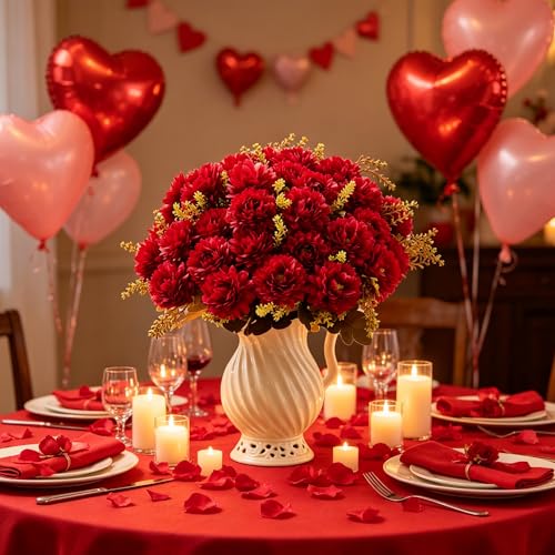 18 Heads Red Artificial Chrysanthemum Flowers Fake Mums Red Kiku Ball Flowers Bouquet Silk Chrysanthemums for Indoor Outdoor Table Centerpiece Vase Wedding Decoration, 2 Pcs - color: Red Chrysanthemum