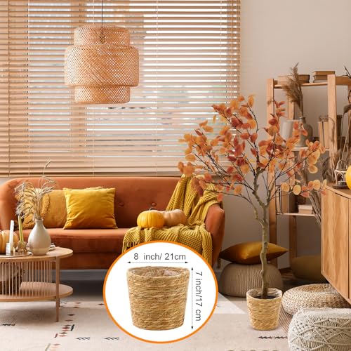 Giegxin 2 Pack 4ft Fall Artificial Eucalyptus Trees with Weaving Plant Baskets Faux Autumn Stem with Eucalyptus Leaves Artificial Fall Tree Decor for Porch Front Home Office - color: Orange, style: Eucalyptus Leaves