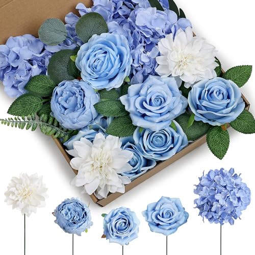 80Pcs Artificial Flowers Combo Set, Fake Silk Flowers Decor with Stems for DIY Roses Wedding Party Centerpieces Bridal Bouquets Cake Decorations Arrangements Indoor Outdoor(Blue) - color: Dusty Blue