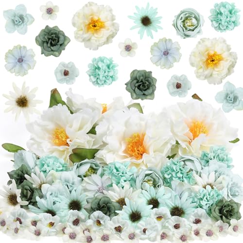 Thiccywoov 250 Pcs Artificial Flowers Heads Bulk Mini Silk Mix Flowers Fake Peony Daisy Rose Multicolor for Blossom Wreath Bouquets Wedding Home Decorations Party Craft Garland DIY(Green) - color: Green