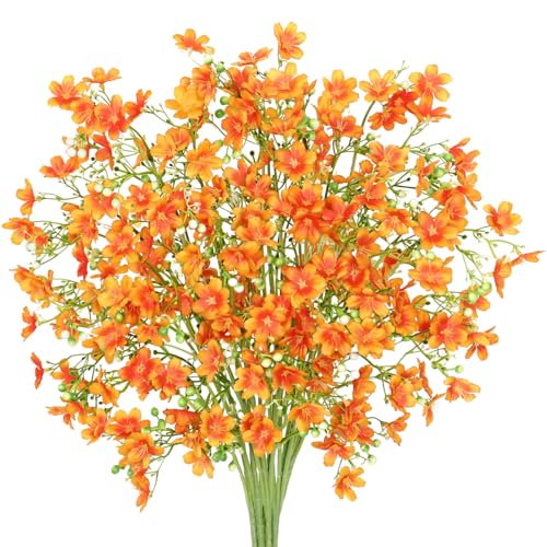 8PCS Silk Flowers with Long Stems, Fake Flowers Bulk Fake Babys Breath, Royal Orange Flowers Artificial Flowers for Tall Vase Indoor Outdoor Garden Wedding Party Home Table Centerpiece - color: Orange