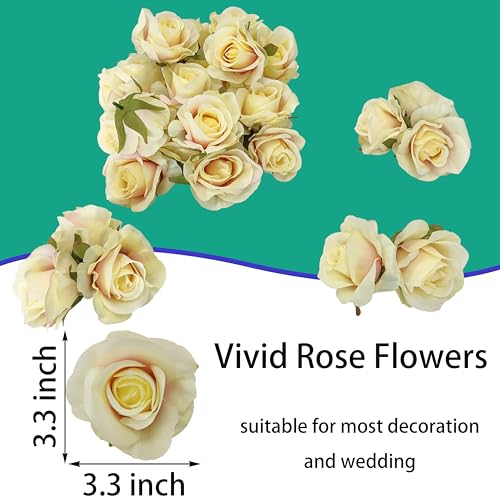 ATFL Artificial Satin Rose Flower Heads,42 Pcs Silk Rose Heads with Stems,3.3'' Rose Artificial Flowers Bulk,Artificial Rose Flower Heads for DIY Crafts Bouquet (42, Champagne) - color: Champagne
