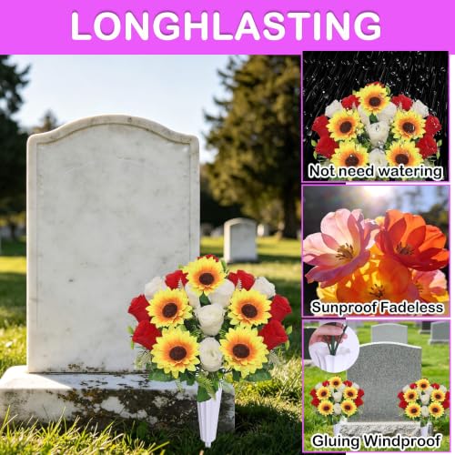 Lodou Artificial Cemetery Flowers for Grave,Set of 2 Artificial Rose Sunflower Bouquet Graveyard Memorial Flowers for Outdoor Grave Decorations ﻿ (Orange Beige) - color: Orange Beige