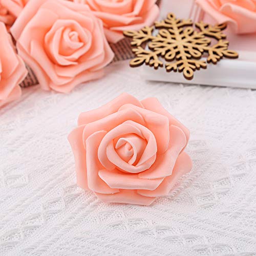 Artificial Rose Flower Heads, 100pcs Peach Roses Artificial Flower Foam Rose for DIY Wedding Bouquets Centerpieces Arrangements Party Baby Shower Home Decor (Stemless, Peach) - color: Peach, size: 100PCS