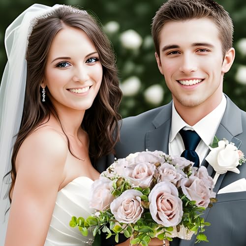 Wedding Bouquets Large for Bride, Bridal Silk Artificial Flowers 14pcs Pink Champagne Roses 10 in Fake Flowers for Wedding Party, Ceremony, Anniversary & Home Decor(Come with 4 kinds of Ribbons) - color: Pink Champagne, size: 14pcs*10 inches