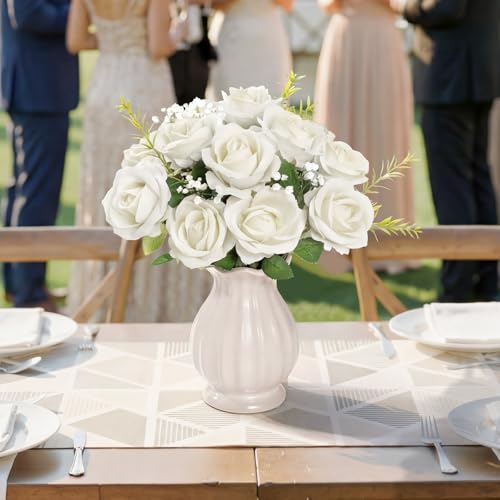 Lifewit Classic White Artificial Roses Flowers, Faux Long Stem Silk Roses Bulky for DIY Wedding Bouquets Decoration, Centerpieces Arrangements, Velentine,12 Pcs - color: White