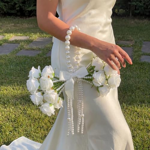 Suncalla 20 Pcs White Rose Artificial Flowers DIY Wedding Bouquet for Bride Wedding Table Centerpieces Decorations Graduation Flower with Ribbon and Pearl for Floral Arrangement DIY Craft Bridal - color: White, style: Rose