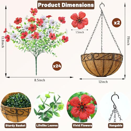 2 Pack Artfiticial Hanging Flowers Baskets for Outdoors, UV Resistant Faux Hanging Plants, 24 Pcs Fake Silk Flowers for Patio Garden Front Porch Balcony Decor (Red White) - color: Red White