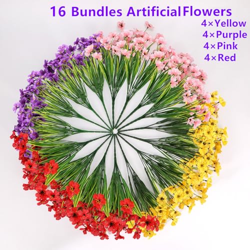 Geegoods Artificial Mums Flowers for Outdoors, 16 Bundles UV Resistant Fake Plastic Colorful Mix Flowers for Patio Porch Spring Summer Decor - color: Mix 4 Colors, size: 16PCS