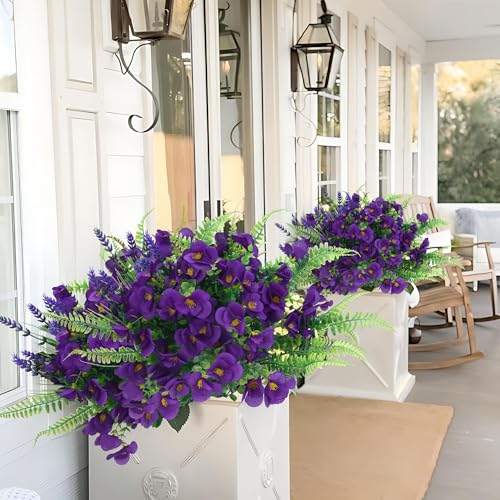 14 Bundles Artificial Flower Outdoor Stems Set,Faux Flowers for Outdoor Planters, Spring Front Porch Decor,UV Resistant Fake Flowers for Outside Party Garden Home Decoration（Purple） - color: Purple-14