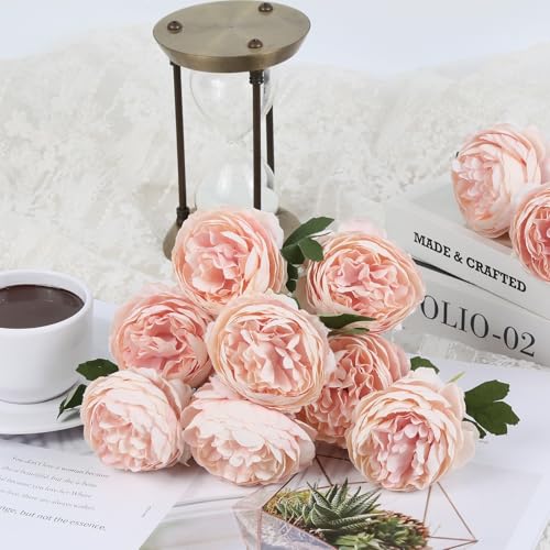 IPOPU 10pcs Champagne Pink Peonies Artificial Flowers Silk Peonies with Stems Real Look Fake Peony for Home Table Decorations Wedding Faux Flowers Arrangements (Champagne Pink) - color: Champagne Pink