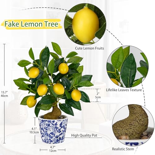 Artificial Potted Plants, 15.7 inches Small Fake Lemon Tree Artificial Lemons Citrus Tree with Blue and White Pot Faux Potted Plants Indoor Lemon Decorations for Home, Office, Living Room Table, Desk - style: French Country