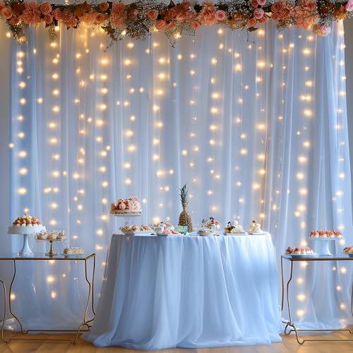 10ft x 8ft Blue Backdrop Curtain with Lights String for Parties, Sheer Tulle Wedding Photo Backdrops Drapes for Baby Shower Birthday Party Decorations Background for Photography - color: Blue, size: W5' x H8'(2 panels)