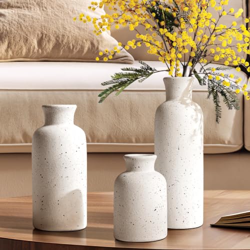 LE TAUCI Ceramic Vase Set of 3, Matte Flower Vases for Fresh or Dried Flowers, Modern Farmhouse Home Decor for Coffee Table, Mantel, Shelf, Entryway, Speckled White - color: Speckled White