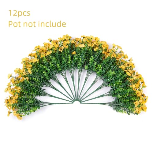 HyeFlora Artificial Fall Flowers Faux Mums for Outdoor Indoor Garden Home Decoration, Faux Flower Daisy with Eucalyptus Leaves Fake Plants Greenery Boxwood Porch Patio, 12 Bundles (Yellow) - color: Yellow