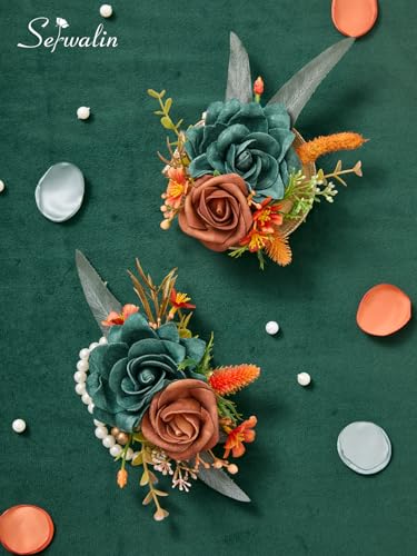 Serwalin 2 Pcs Wrist Corsage and Boutonniere Set, 6-7 Inch Teal Orange Corsage for Wedding, Boutonniere for Men Corsage Wristlet Prom Ceremony Anniversary Accessories Suit - color: Teal Orange, size: 1 Boutonniere & 1 Wrist Corsage-2pcs