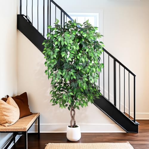 Jocoevol 7FT Artificial Ficus Tree, Tall Faux Trees Indoor with White Planter, Dried Moss, Natural Silk Leaves & Trunk, Fake Plants for Home Living Room Office Corner Decor Housewarming Gift - color: Green, size: 7ft