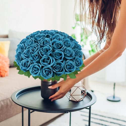 72 Pcs Artificial Roses Teal Fake Silk Roses Realistic Roses Faux Flower Indoor Wedding Home Decor, Birthday Decorations - color: Teal