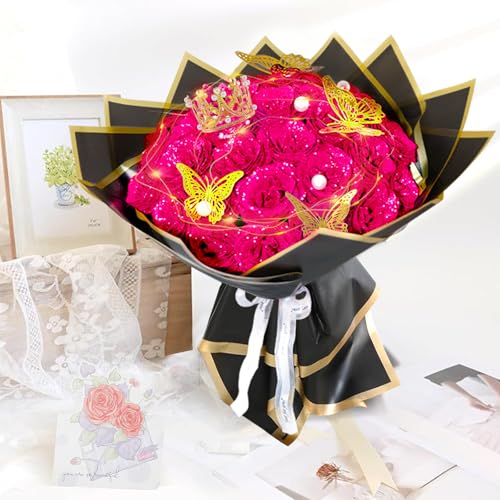 Rose Pink Glitter Roses Bouquet, 24 Pcs Shiny Glitter Flowers Bouquet, Everlasting DIY Artificial Roses Bouquet for Christmas, Birthday, Anniversary, Wedding, Engagement - color: Rose Pink-a, size: 24 PCS