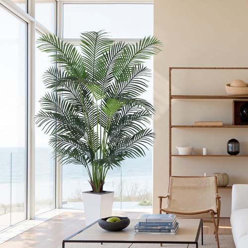 Artificial Palm Tree with White Tall Planter, 7ft Tall Potted Artificial Silk Palm Tree Plant, Fake Tropical Plant, Home Office Floor Room Decor Plants Indoor Outdoor, Housewarming Gift - size: 7ft