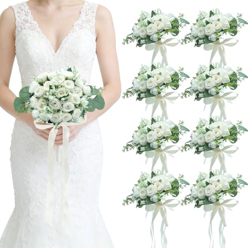Artificial Bridesmaid Bouquets Set of 8 - Ivory White 9 Inch Various Flower Bouquet for Wedding Party Ceremony Anniversary Dinning Table Centerpieces Decor Faux (Rose with Ribbon) - color: All Small Rose