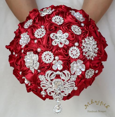 Bridal Wedding Bouquet Round Bling Brooch Bouquet Artificial Rose Flower Bunch for Bride Bridesmaid Wedding Quinceanera(Ruby Red, 7.5") - color: Ruby Red*, size: Small (Dia. 7.5"/19cm)