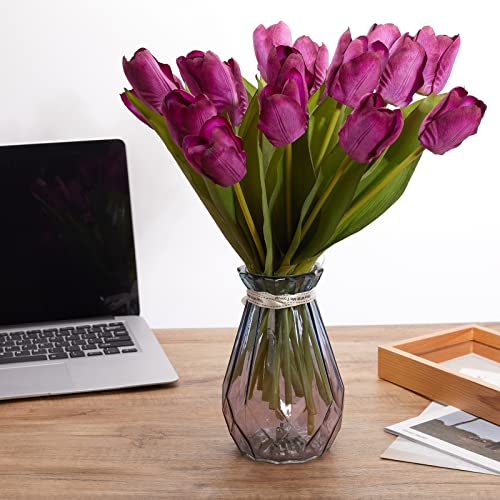 20PCS Artificial Tulips Real Touch Faux Flower Moisturizing Tulips for Photography Ornaments Home Garden Wedding Party Decor Fake Flowers (Purple) - color: Purple