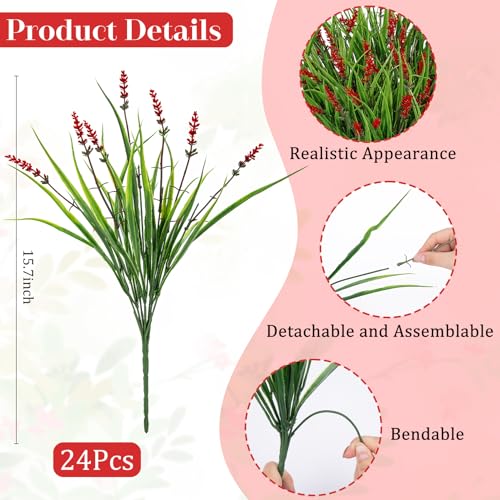 24 Bundles Artificial Plants Flowers Outdoor, Faux Lavender Flowers Fake Monkey Grass UV Resistant Plastic Plant for Porch Garden Patio Window Home Decor, Red - color: Red