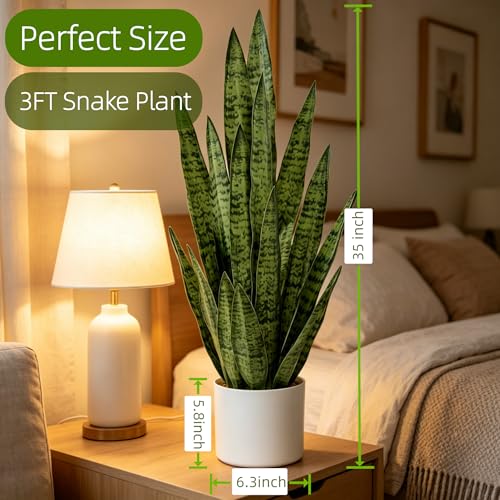 Fake Snake Plant 3FT, 35" Artificial Potted Plant with White Pot, Realistic Faux Floor Plant for Home Decor, Low Maintenance No Watering Needed for Desk Corner Office & Pet Areas (Green) - color: Sansevieria Green 35in