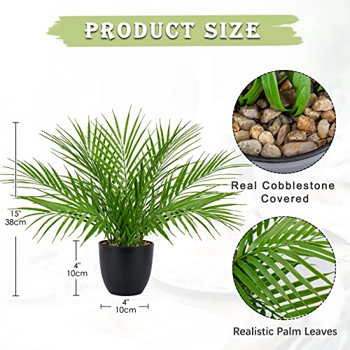 Briful Fake Plant 15’’ Artificial Palm Plant in Matte Black Pot Realistic Faux Tropical Palm Tree Houseplant for Home Indoor Living Room Tabletop Bedroom Decorations - color: 15'' Tall Black