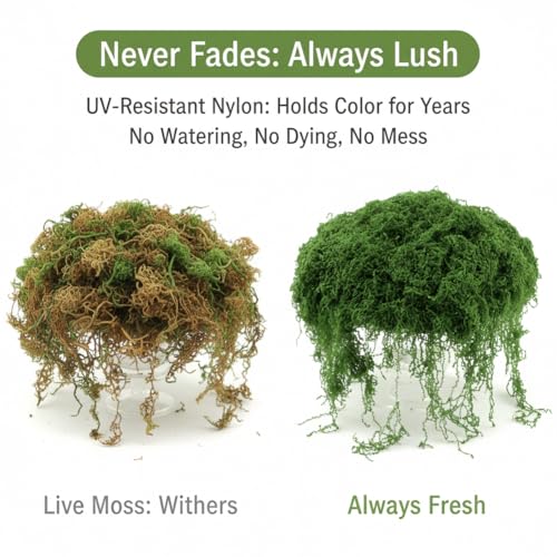 7 oz Fake Moss for Crafts, Realistic Pot Filler for Artificial & Potted Plants, Reusable Greenery Filler for Fairy Garden Decor, Includes Dark & Light Green