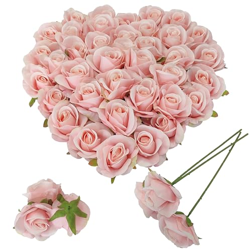 ATFL Artificial Satin Rose Flower Heads,42 Pcs Silk Rose Heads with Stems,3.5'' Rose Artificial Flowers Bulk,Artificial Rose Flower Heads for DIY Crafts Bouquet (42, Light Pink) - color: Light Pink