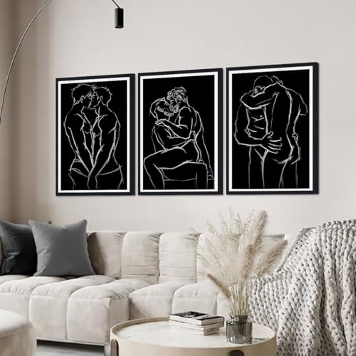 3 Piece Naked Gay Men Canvas Wall Art Black and White Body Line Posters Man Lover Couple Prints Artwork Wall Decor for Apartment Bedroom Bathroom Hotel Framed Ready to Hang 24x36inchx3pcs - color: Art02, size: 24x36x3Pcs Black Framed