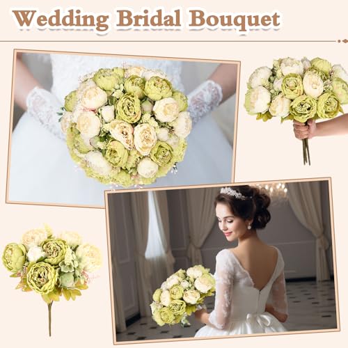 Olgaa 4 Bunches Peonies Artificial Flowers Faux Flowers Bouquet Silk Peony Hydrangea for Vase Wedding Centerpiece Bridal Shower Garden Party Home Decor (Green) - color: Green
