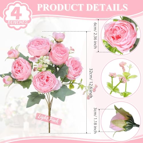 Crowye 4 Bundles Peonies Artificial Flowers Silk Faux Peonies Wedding Artificial Flower Bouquet for Table Centerpiece for Home Wedding Decor Bridal Floral Arrangement(Light Pink) - color: Light Pink