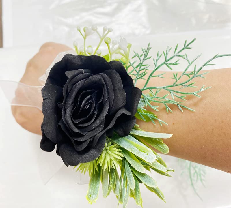 Rikyo Rose Wrist Corsage Wristlet Band Bracelet and Men Boutonniere Set, 2 Pack, Corsage for Prom, Bride Hand Flower Flowers Ceremony, Wedding Party Prom Decor, DIY Petals Hair Hat Wreath (Black) - color: Black