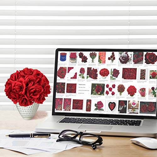 Larksilk Dark Red Artificial Roses 50pcs, Real Touch Fabric Fake Flowers with Stems for Wedding Flowers and Table Centerpieces - color: Dark Red