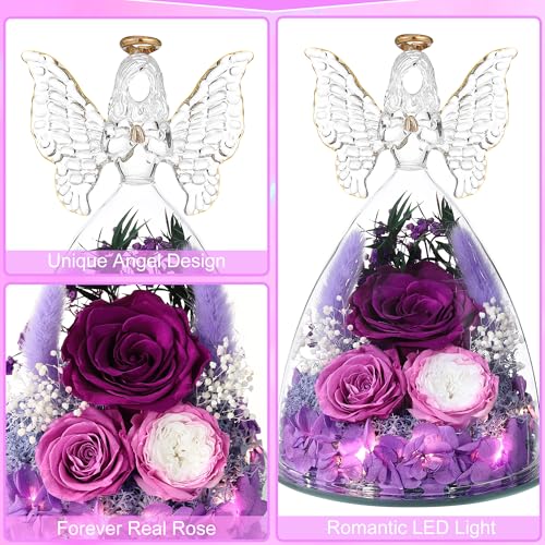 Mothers Day Rose Gifts for Women Preserved Real Flower in Glass Angel Figurines Roses for Delivery Prime Birthday Gifts for Mom Grandma Girlfriend Wife Her, Purple Austin Roses - color: Purple With Austin Roses