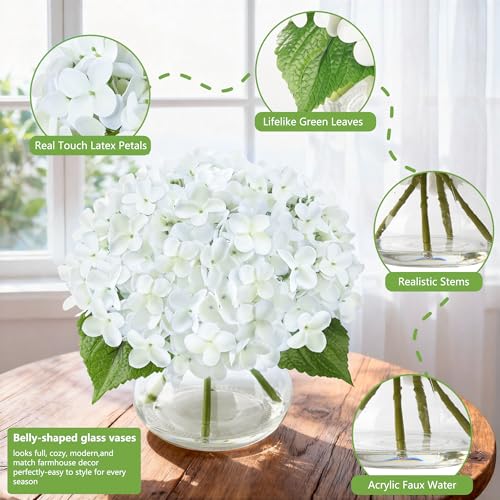 Artificial Hydrangea Flowers Arrangements in Glass Vase for Home Decoration, Faux Hydrangea Flowers for Floral Arrangements with Faux Water Wedding Bouquets Kitchen Table Centerpiece Decor - color: White