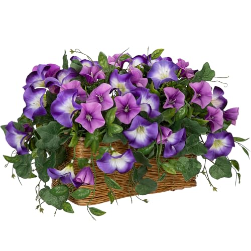 Briful Fake Floral Centerpieces for Tables Artificial Potted Morning Glory Silk Flowers with Woven Rattan Basket Faux Flower Arrangement for Home Office Room Shelf Kitchen Decor(Lavender Purple) - color: Lavender Purple