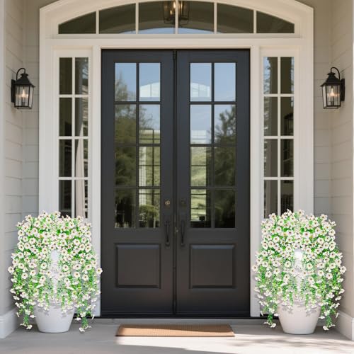 Artificial Hanging Flowers for Outdoors Decorations 2 Pack, Fake Hanging Flowers, UV Resistant Artificial Hanging Plants Outdoors for Home Porch Patio Balcony Baskets Yard(White) - color: White