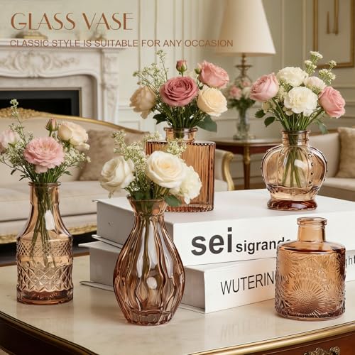 Petal Petite Small Amber Glass Bud Vase Set of 24 for Wedding Centerpieces | Amber Glass Vase, Mini Bud Vases in Bulk, Vintage Flower Vase Set for Single Stem, Home and Office Decor - color: Amber