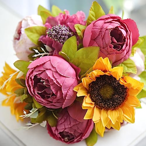 FiveSeasonStuff ''Country Cottage'' Silk Pink Peonies and Sunflowers Mix Flower Bouquet Artificial Flowers