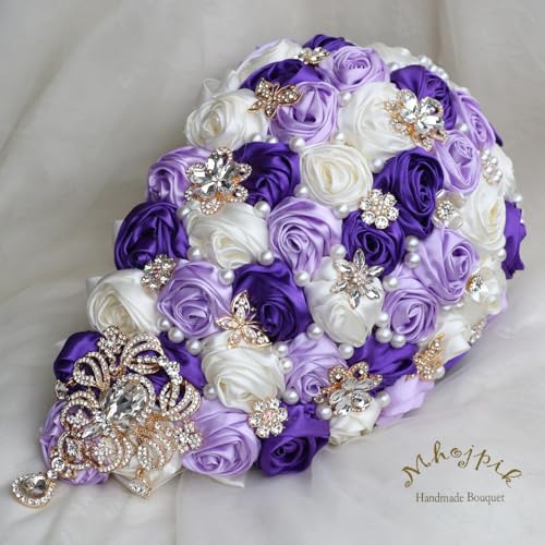 Luxury Cascade Bridal Wedding Bouquet Satin Rose Waterfall Holding Bouquet Artificial Flower Bunch for Bride Bridesmaid(Ivory, Purple & Light Purple, 17.3" x 8.7") - color: Ivory, Purple & Light Purple, size: 17.3"L x 8.7"W(44cm x 22cm)